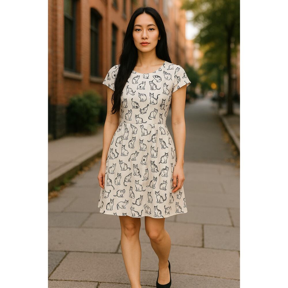 Ixia Women’s Cat Print Fit & Flare Dress White & Black Retro Style Made In USA L
